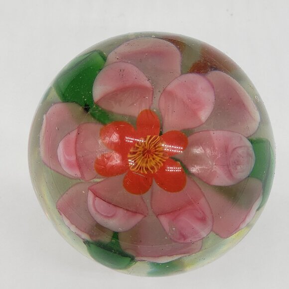 Pink Flower Green Stem Multicoloured End of Day Bottom Art Glass Paperweight - Picture 3 of 5